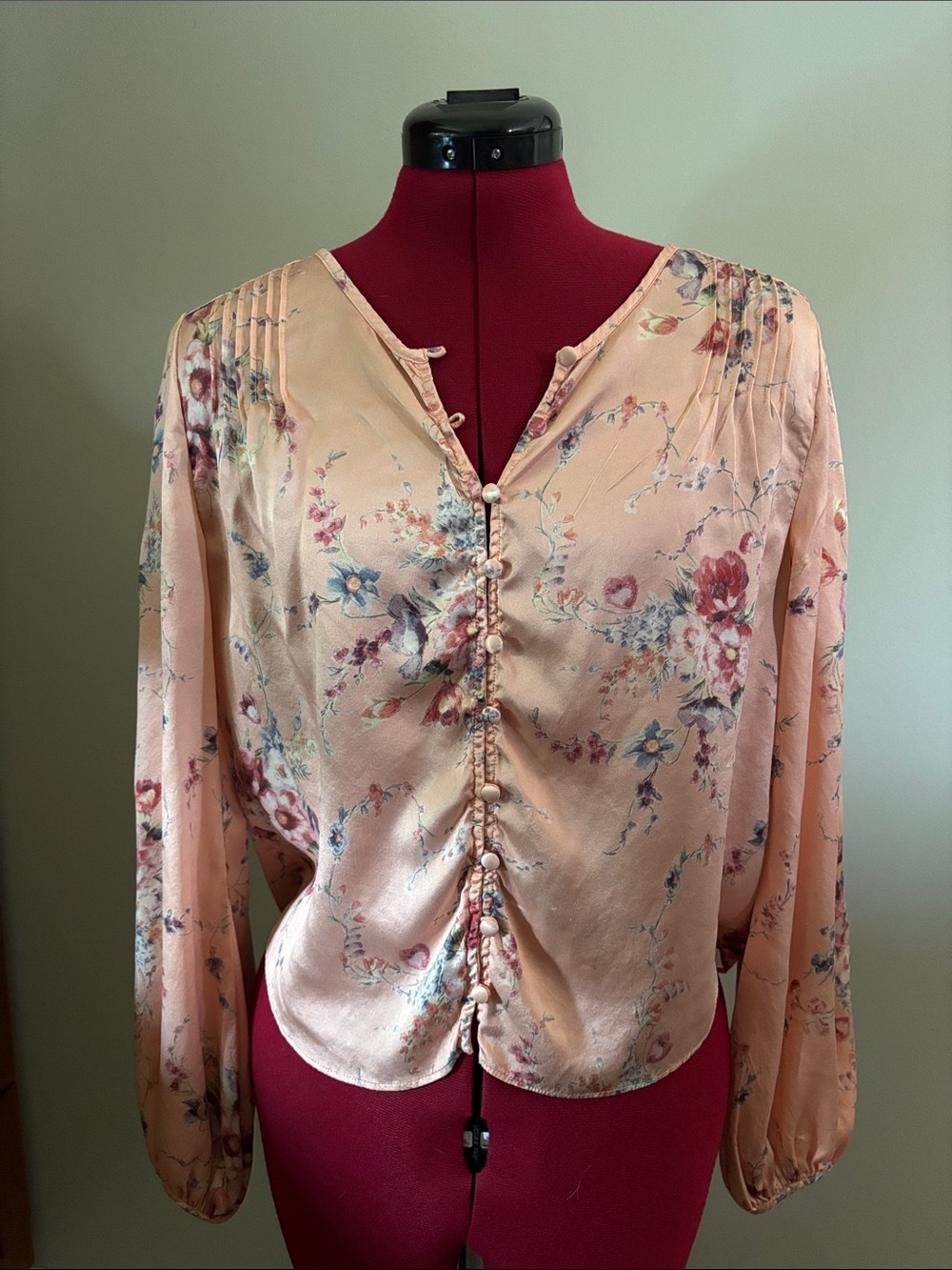 EUC 💗 LoveShackFancy Pale Pink Watercolour Floral Print Silk Blouse Sz S